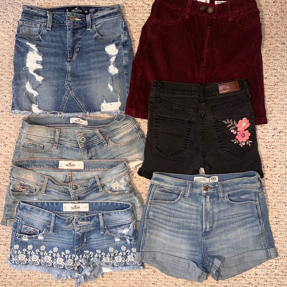 Hollister & Abercrombie 7 pairs (size 00) Denim Shorts x5 + Skirts x2